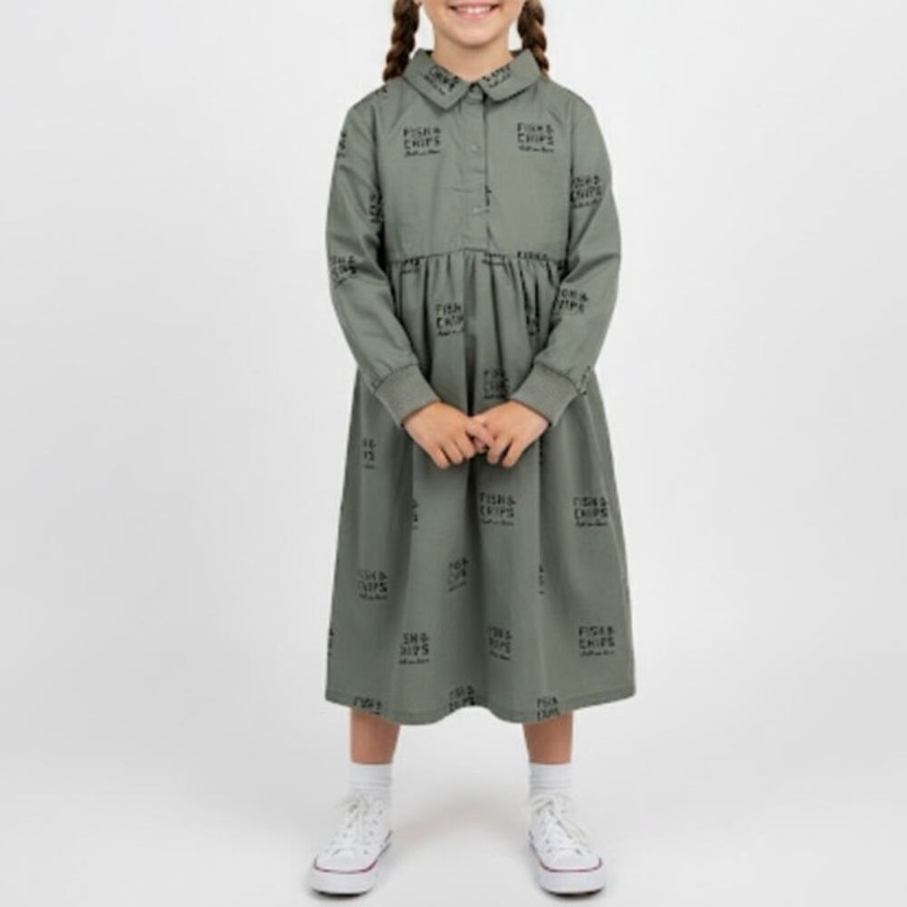 TinyCottons Fish & Chips Girls Midi Smock Shirt Dress Cotton Olive Green Size 6Y
